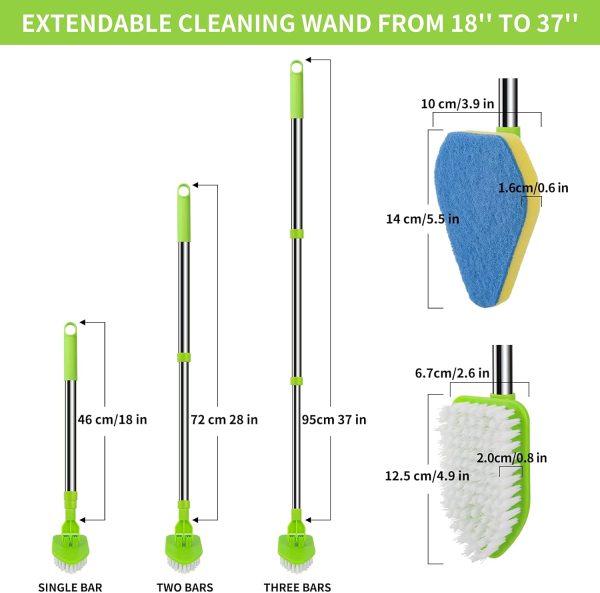 Scrub Cleaning Brush with Long Handle 35'' - Extendable Floor Scrubber with 1 Stiff Bristles & 3 Sponge Brush, Adjustable Lightweigh Detachable Kitchen Brush for Baseboard Shower Bathroom Bathtub Tile - Image 2