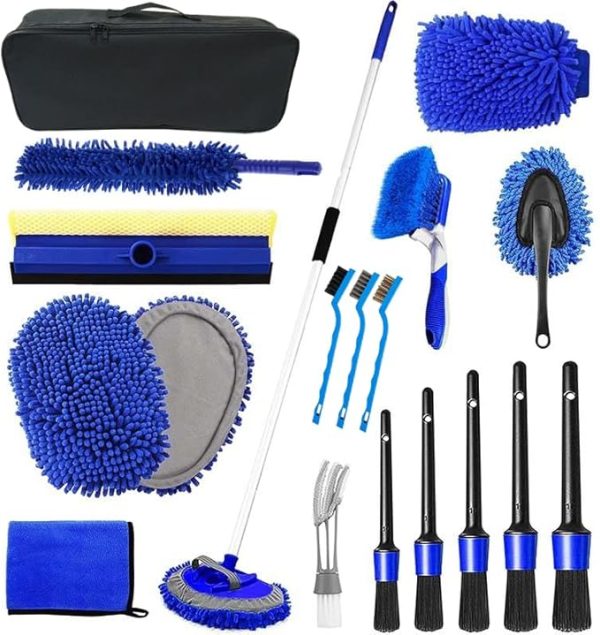 qixiang 62'' Car Wash Brush Kit Mitt Mop Sponge with Long Handle,Flow-Thru Soft Bristle Car Washing Brush with Extendable Handle and Hose Attachment for Car, RV, SUV, Truck