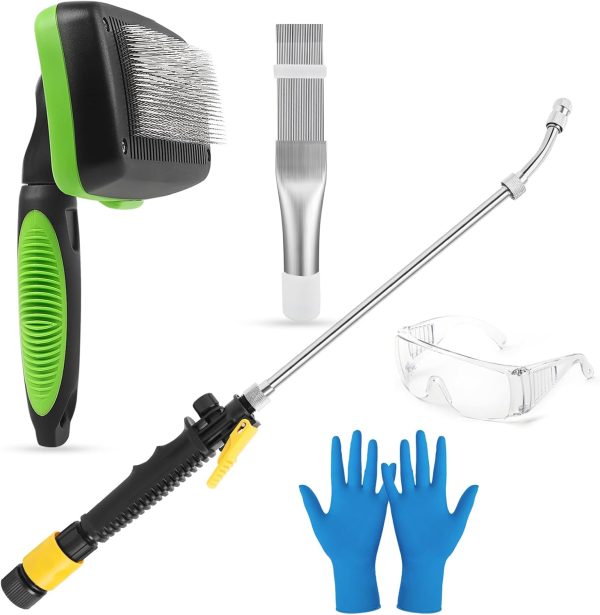 5PCS AC Coil Cleaner Brush Kits, Stainless AC Fin Comb and Spray Flush Wand, Telescopic Coil Cleaner for Air Conditioner Condenser Coils, Refrigerator Coil, Evaporator Radiator, with Gloves, Goggles