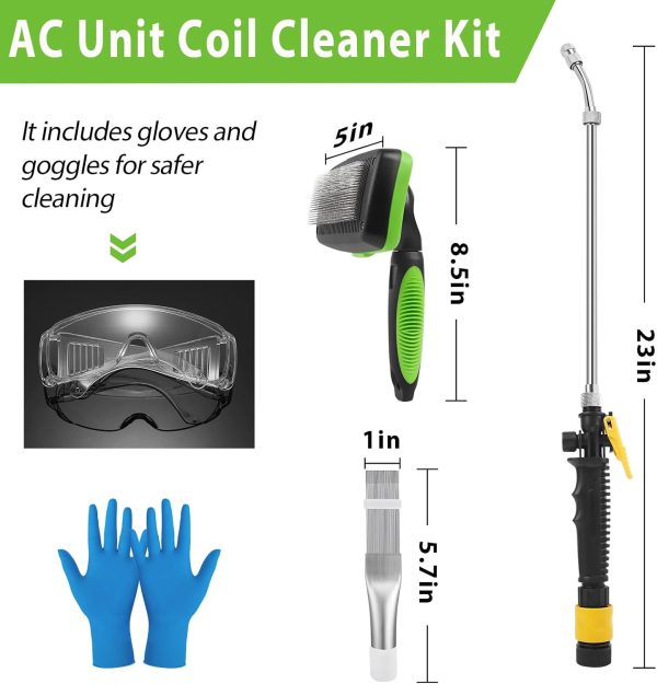 5PCS AC Coil Cleaner Brush Kits, Stainless AC Fin Comb and Spray Flush Wand, Telescopic Coil Cleaner for Air Conditioner Condenser Coils, Refrigerator Coil, Evaporator Radiator, with Gloves, Goggles - Image 2
