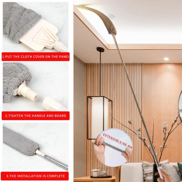 Retractable Gap Dust Cleaner, Microfiber Hand Duster Cleaning Tools, with 2 Washable Dusting Cloths and Long Handle Retractable Duster Brush for Under Fridge & Appliances Duster - Image 2