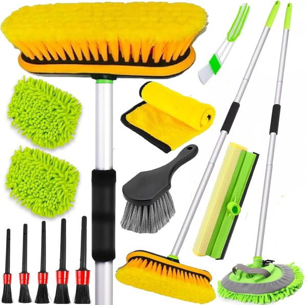 62'' Car Wash Brush with Long Handle, Car Wash Kit with Tire Brush, Tower, Window Squeegee, Chenille Microfiber,Car Detailing Brushes, Car Cleaning Brush Kit Supplies for Car, Truck, SUV, RV