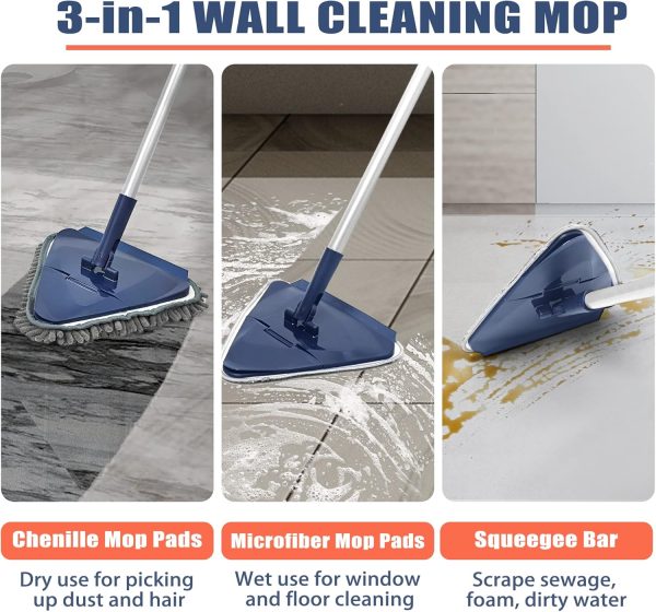 Wall Cleaner Mop with Long Handle 82 Inches, 3-in-1 Ceiling Cleaning Tool Duster with 6 Replacement Microfiber Chenille Pads for Painted Walls, Window, Floor, Baseboard - Image 2